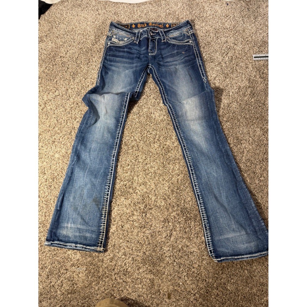 Rock Revival Priya Womens Jeans 26 Bootcut Blue Denim Embroidered Flap Pocket